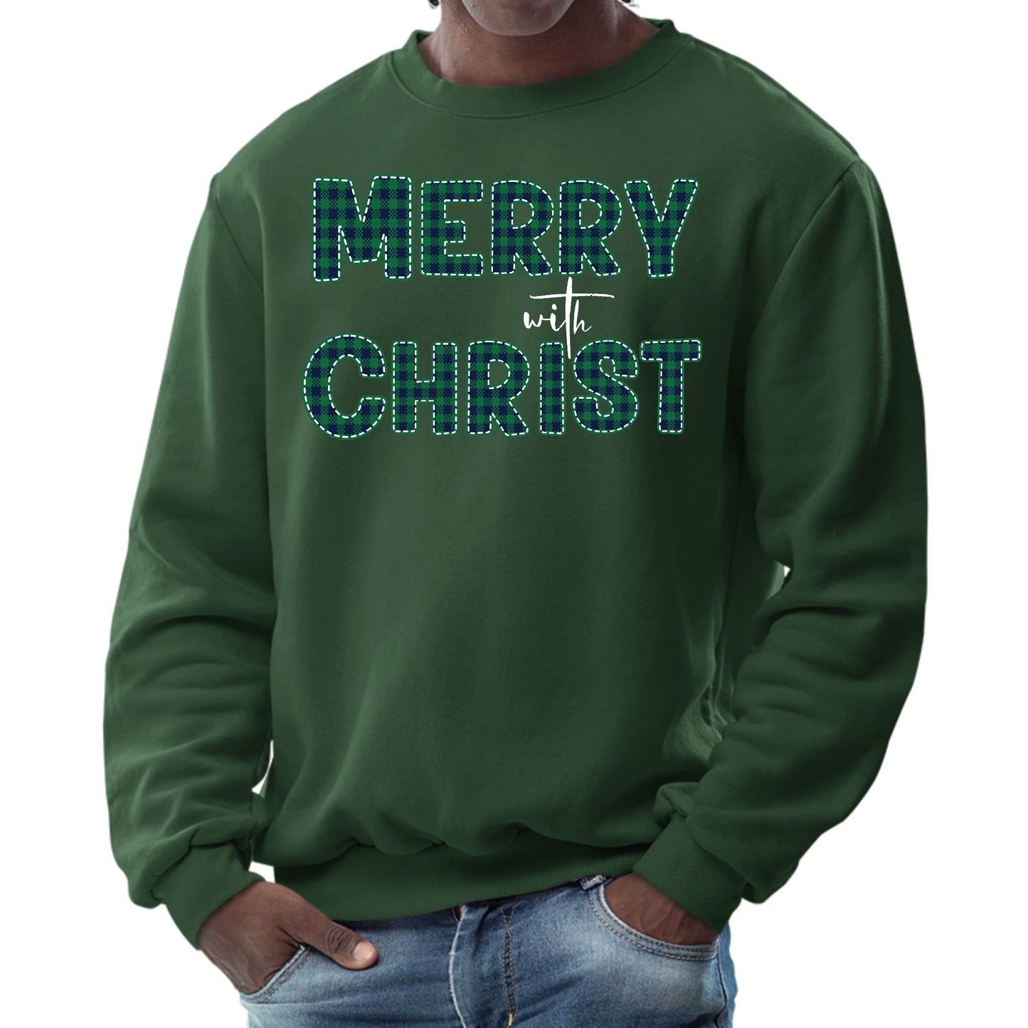 Mens Graphic Sweatshirt - Merry with Christ - Green Plaid Christmas-5