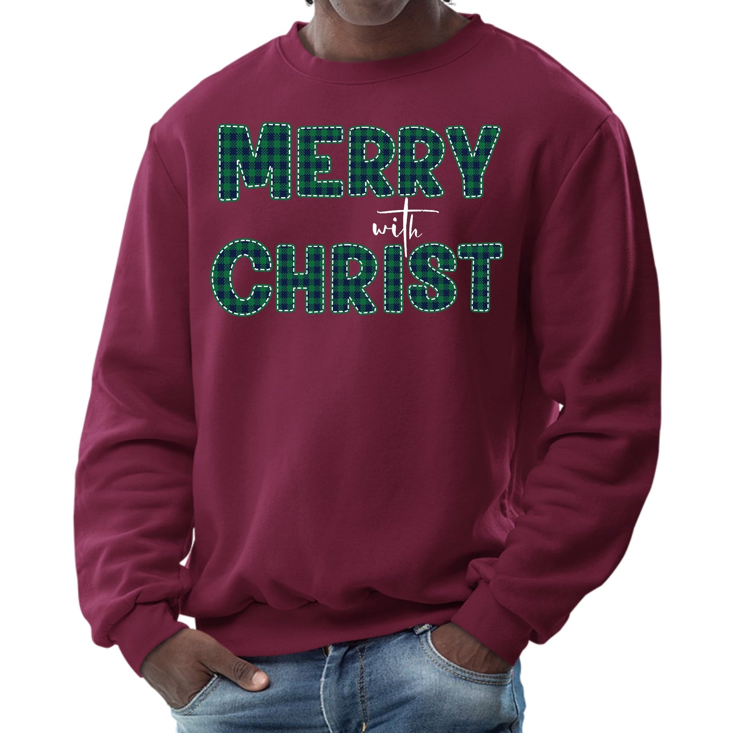 Mens Graphic Sweatshirt - Merry with Christ - Green Plaid Christmas-4