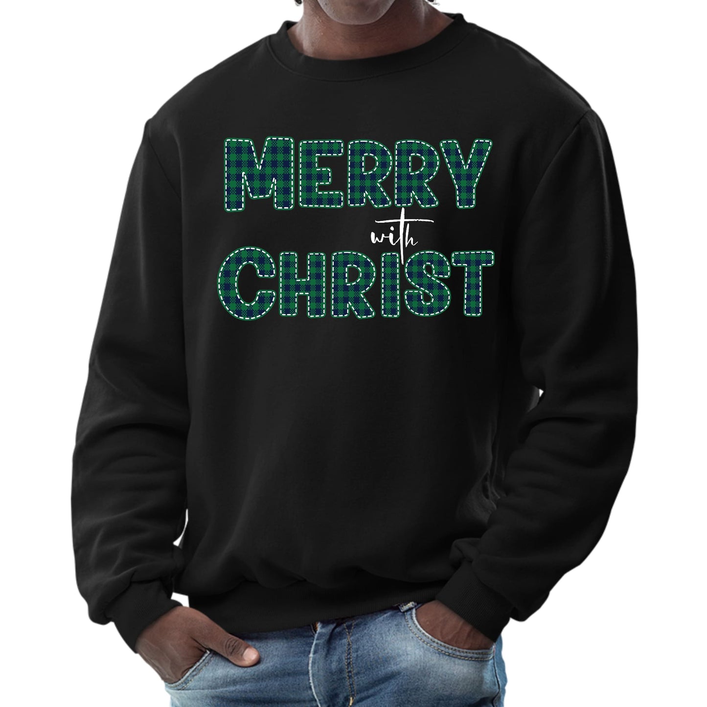 Mens Graphic Sweatshirt - Merry with Christ - Green Plaid Christmas-0