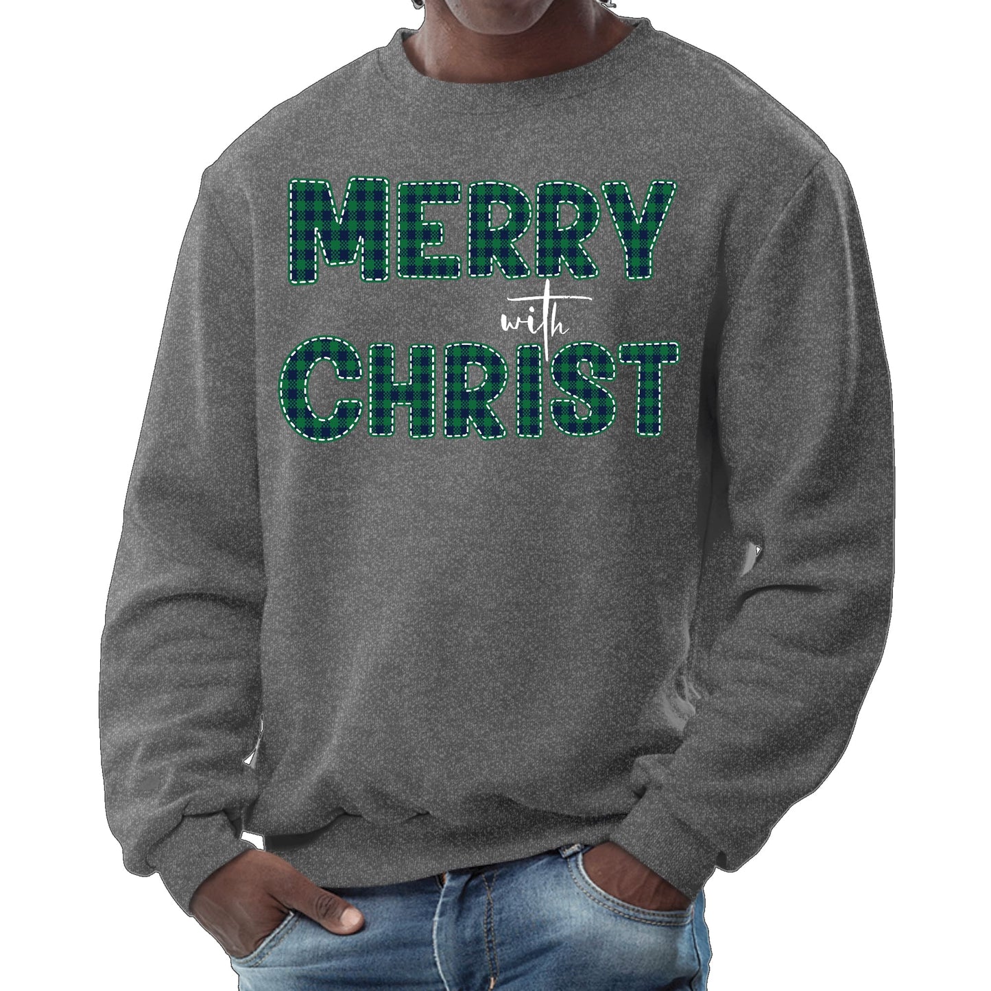 Mens Graphic Sweatshirt - Merry with Christ - Green Plaid Christmas-6
