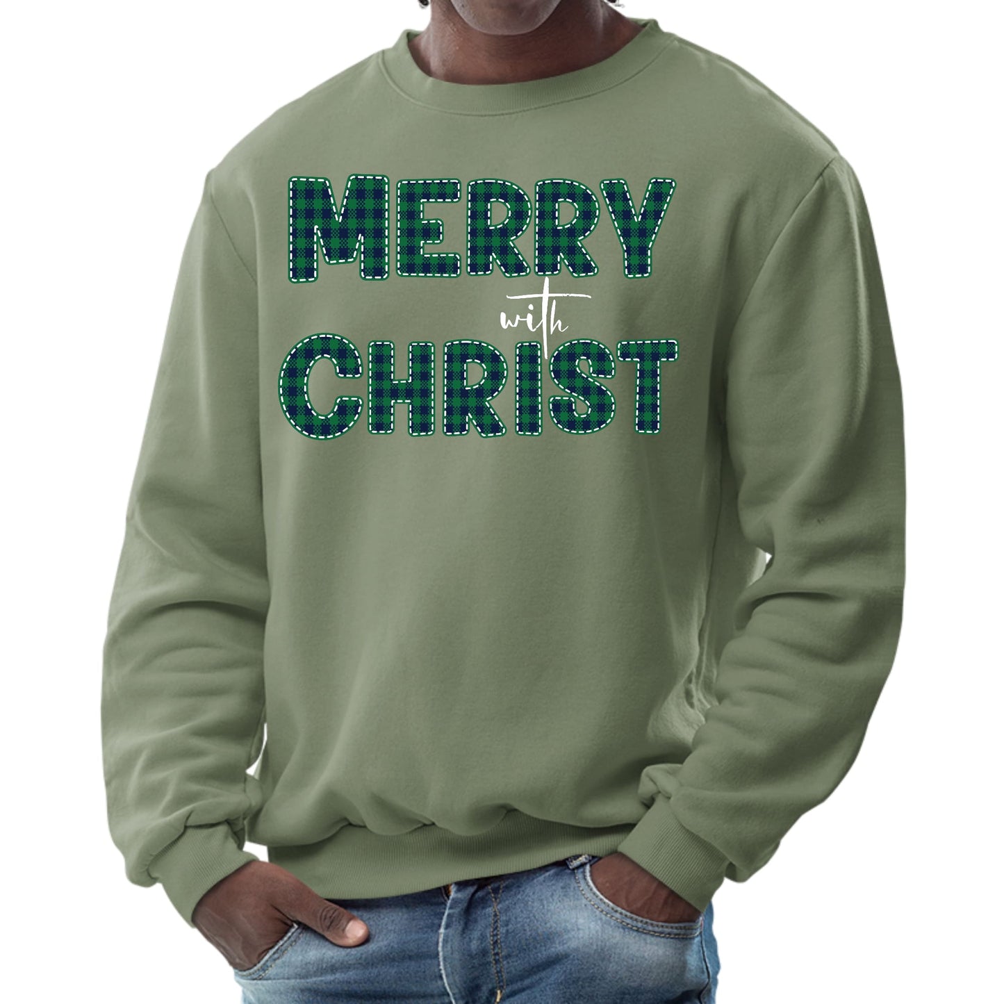 Mens Graphic Sweatshirt - Merry with Christ - Green Plaid Christmas-7