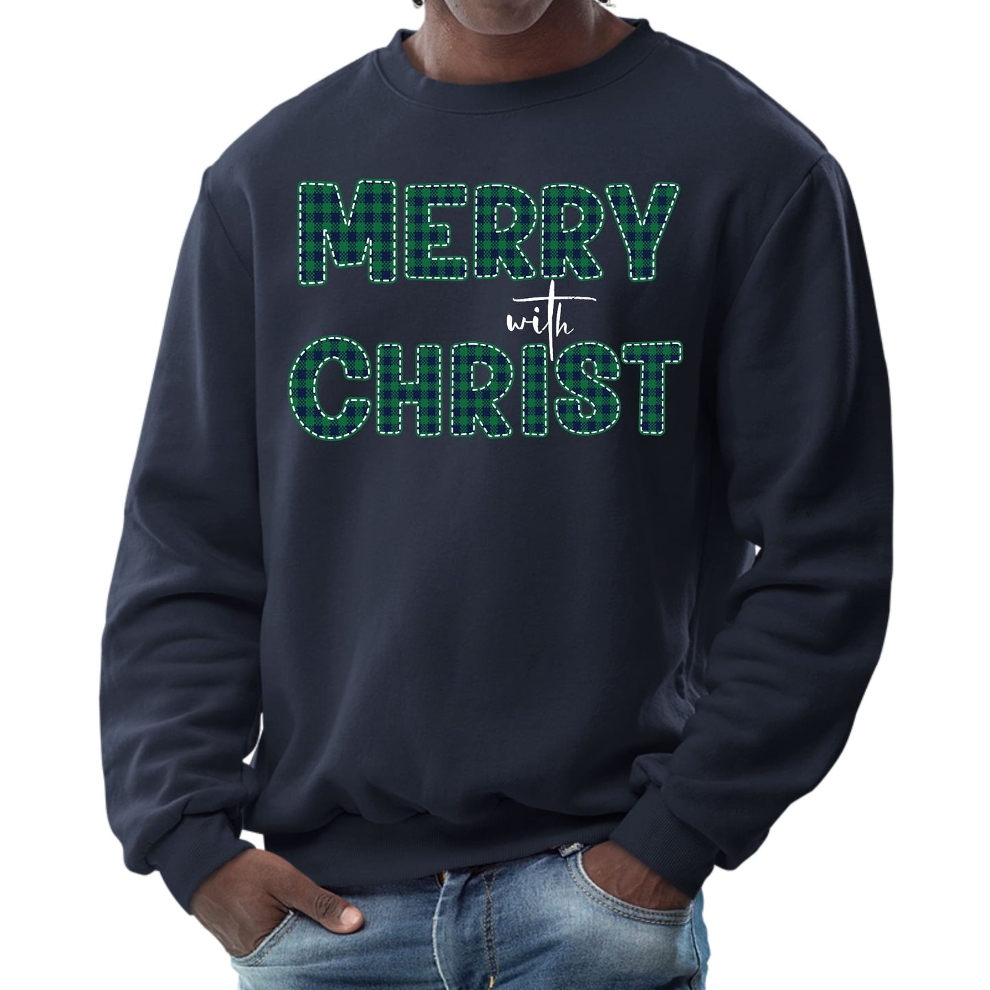 Mens Graphic Sweatshirt - Merry with Christ - Green Plaid Christmas-2
