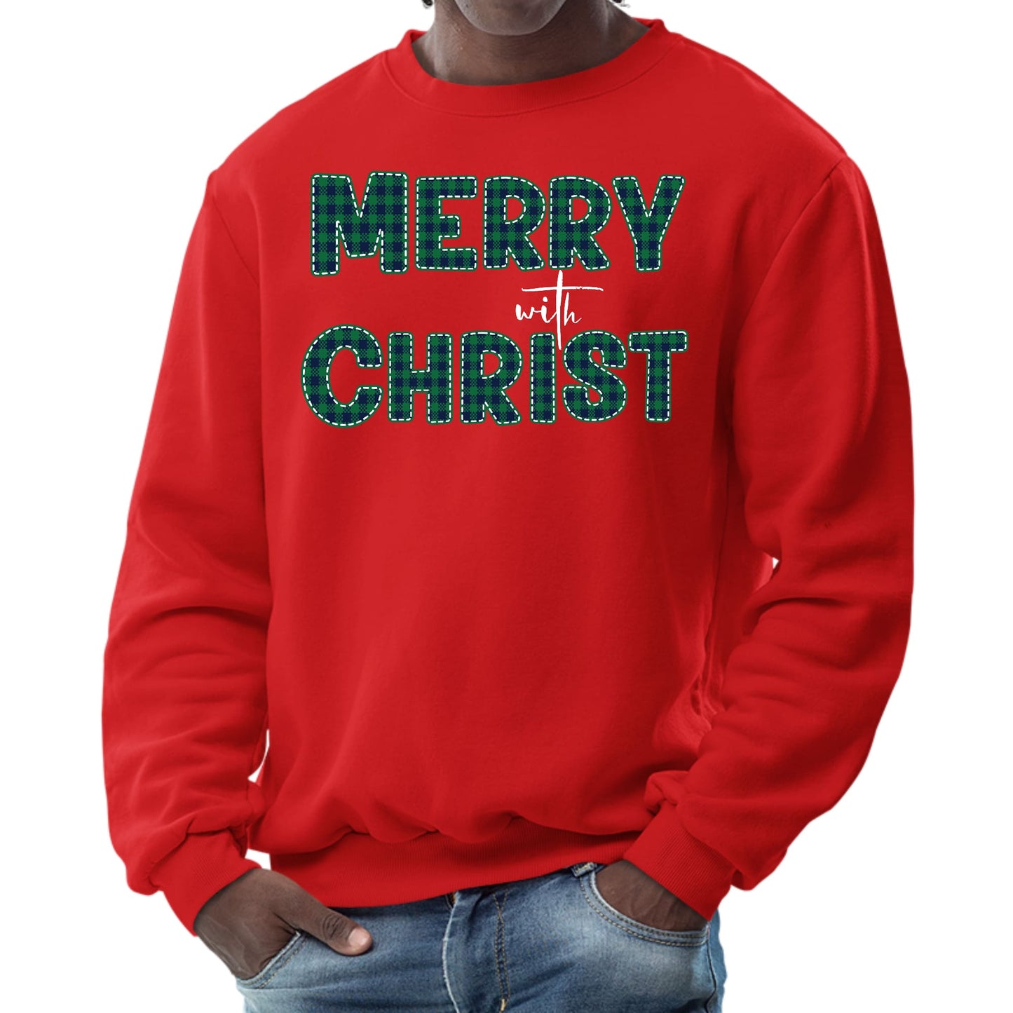 Mens Graphic Sweatshirt - Merry with Christ - Green Plaid Christmas-1