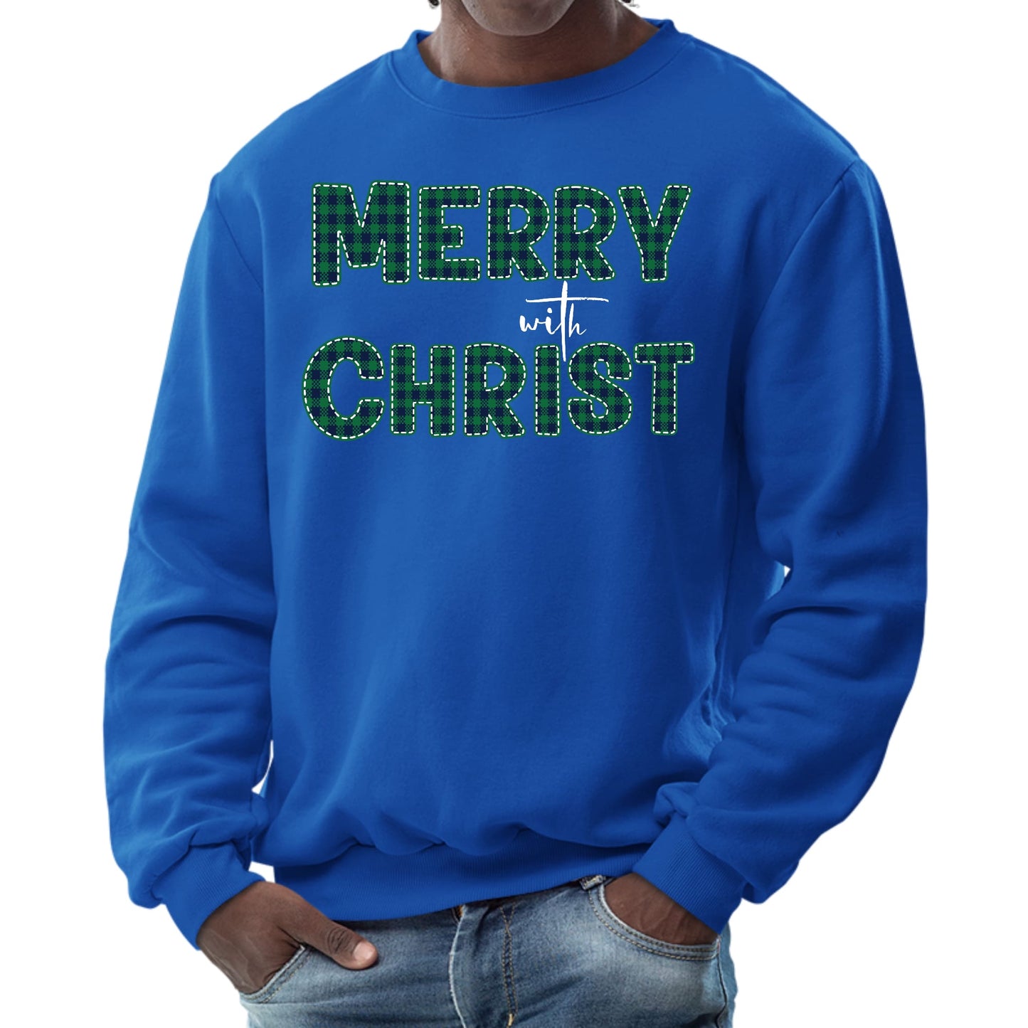 Mens Graphic Sweatshirt - Merry with Christ - Green Plaid Christmas-3