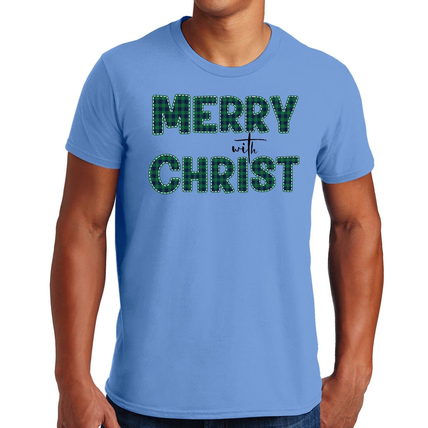 Mens Graphic T-shirt Merry with Christ - Green Plaid Christmas Holiday-1
