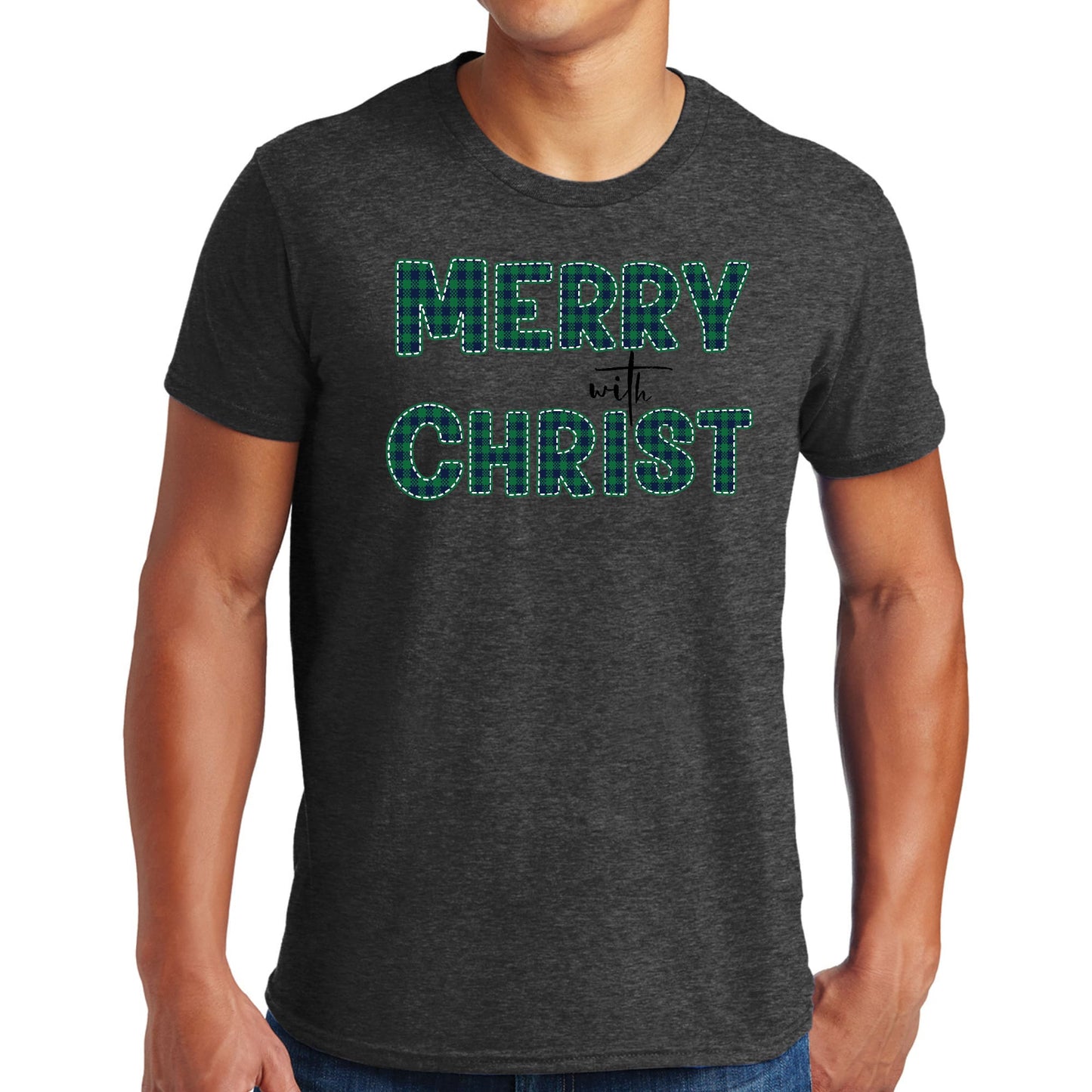 Mens Graphic T-shirt Merry with Christ - Green Plaid Christmas Holiday-5