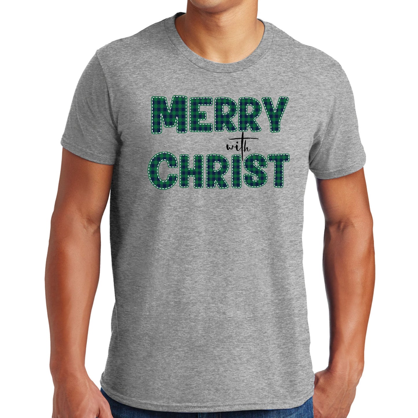 Mens Graphic T-shirt Merry with Christ - Green Plaid Christmas Holiday-4