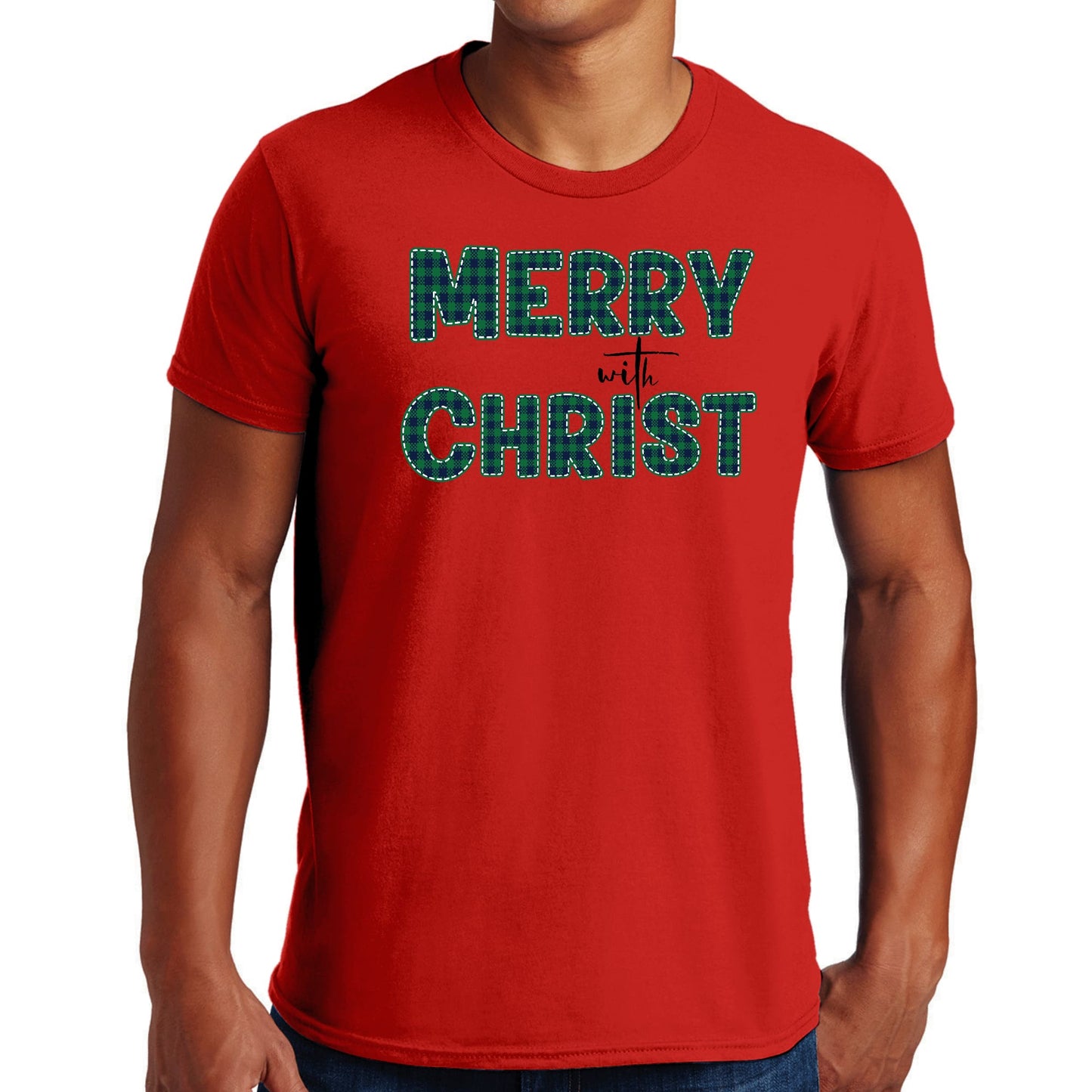 Mens Graphic T-shirt Merry with Christ - Green Plaid Christmas Holiday-2