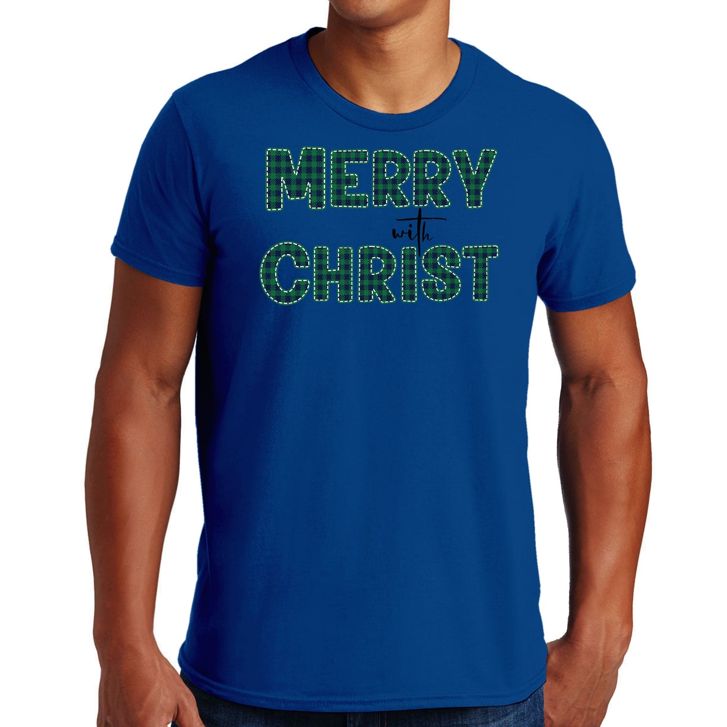 Mens Graphic T-shirt Merry with Christ - Green Plaid Christmas Holiday-3