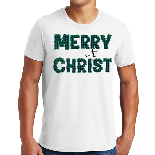Mens Graphic T-shirt Merry with Christ - Green Plaid Christmas Holiday-0